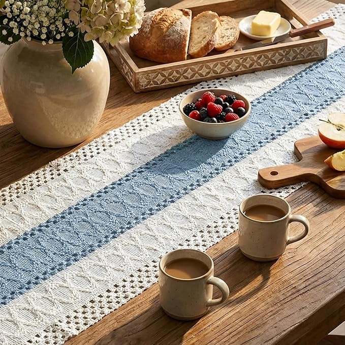 Artoid Mode Sky Blue Farmhouse Rustic Table Runner, Seasonal Holiday Hollow Kitchen Dining Table Decoration for Home Party Decor 12x72 Inch
