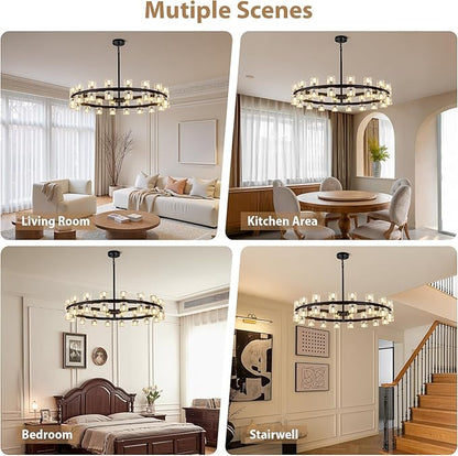 36-Light Large Black Chandeliers for High Ceilings, 36 Inch Crystal Wagon Wheel Chandelier, Farmhouse Industrial Round Chandelier Pendant Lighting Fixture for Dining Living Room Kitchen Island