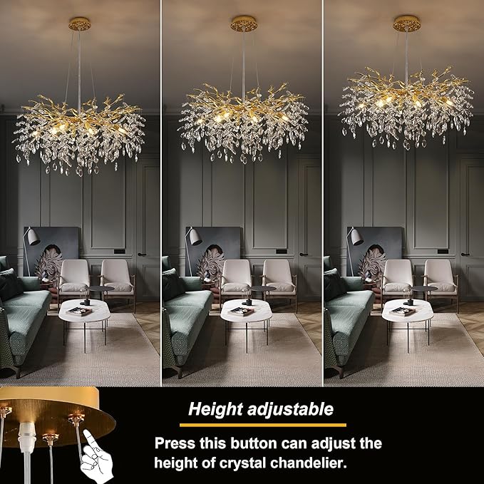 Crystal Tree Branches Chandeliers Luxury Round Gold Hanging Pendant Light 10 Lights for Dining Room Bedroom Living Room Entryway 30.5"