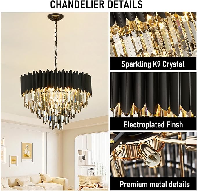 Black Crystal Chandelier 24'' K9 Smoke Gray Crystal Round Pendant Lights Adjustable 5-Tier Modern Chandelier Light 10-Lights for Dining Room Living Room Kitchen Foyer Entryway