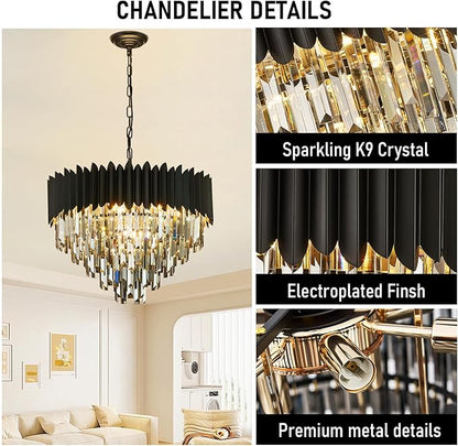 Black Crystal Chandelier 24'' K9 Smoke Gray Crystal Round Pendant Lights Adjustable 5-Tier Modern Chandelier Light 10-Lights for Dining Room Living Room Kitchen Foyer Entryway