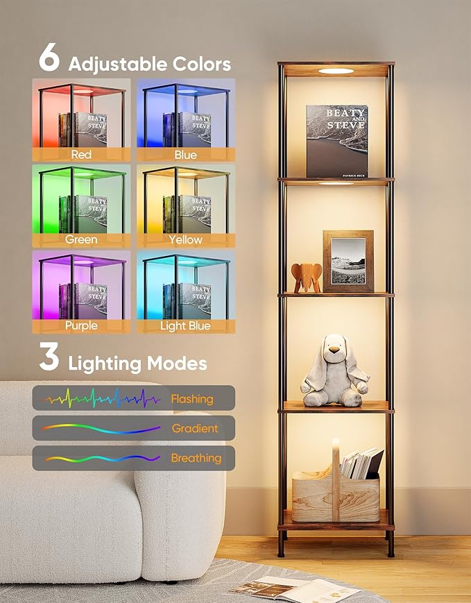 Display Shelf with RGBW Light, Color Changing Curio Cabinet Floor Lamp with Shelves Corner Standing Column Lamp Etagere Organizer Tower Nightstand Bookcase for Living Room Bedroom Office Décor, Brown