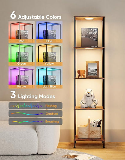 Display Shelf with RGBW Light, Color Changing Curio Cabinet Floor Lamp with Shelves Corner Standing Column Lamp Etagere Organizer Tower Nightstand Bookcase for Living Room Bedroom Office Décor, Brown