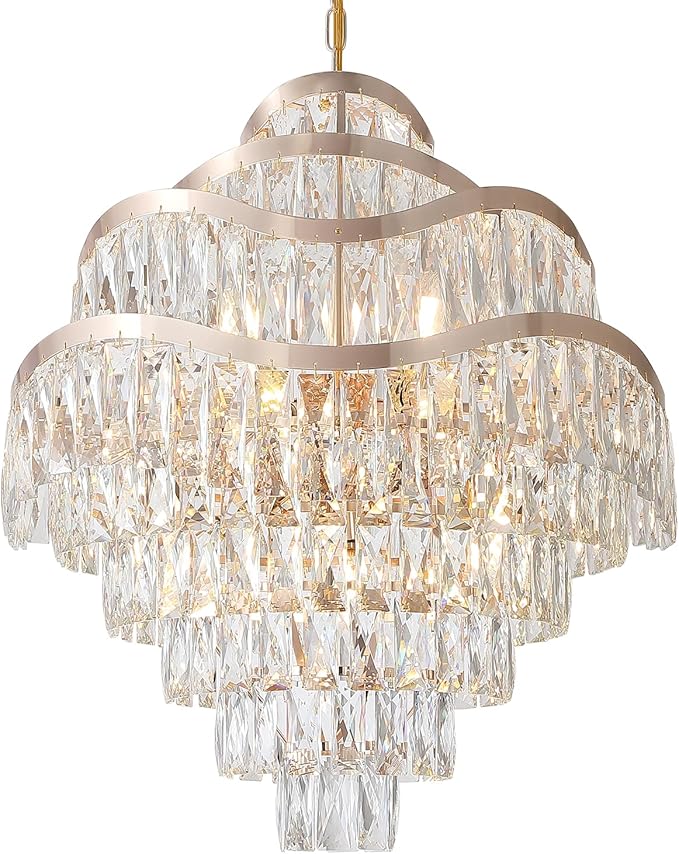 9-Tier K9 Crystal Chandelier 16 Lights Luxury Gold Light Fixtures 24" Crystal Pendant Ceiling Lighting for Living Room Dining Room Foyer Bedroom Kitchen, E12