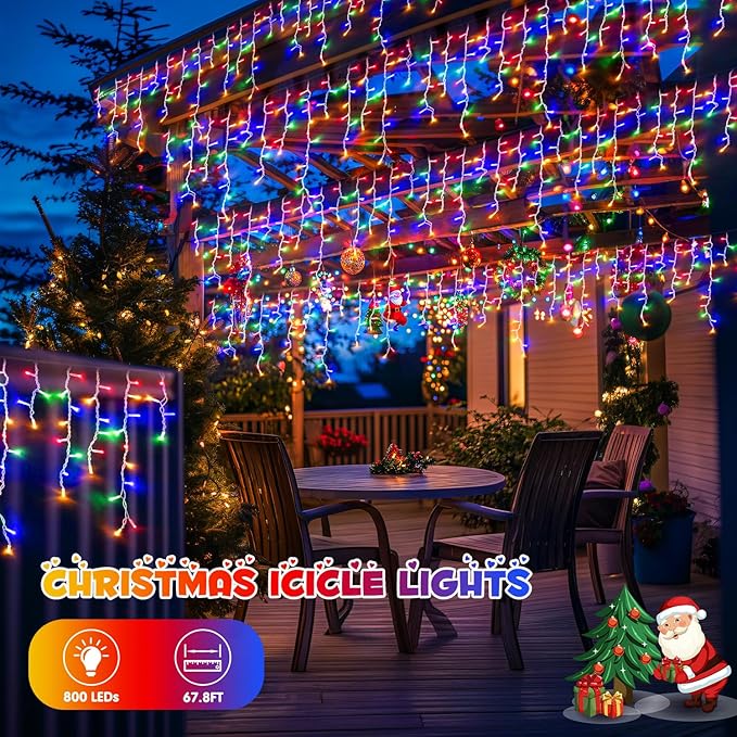 JMEXSUSS 800 LED Christmas Icicle Lights Outdoor Plug-in, Multicolor Waterproof, 8 Modes with 160 Drops for Bedroom House Holiday Party Decorations