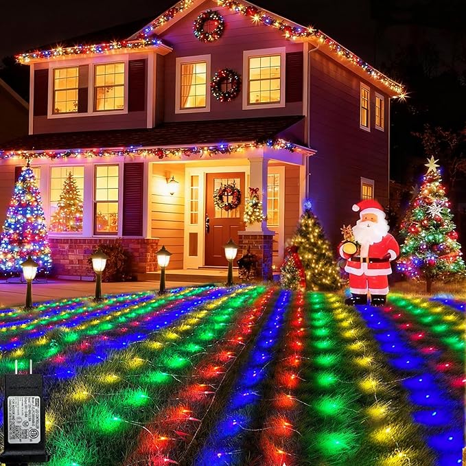 Colorful Net Lights, 360 LED Outdoor Christmas Net Mesh Lights for Bushes 21x5 ft, 8 Modes Waterproof Twinkle String Lights Connectable for Christmas Hedge Yard Garden Party Decor
