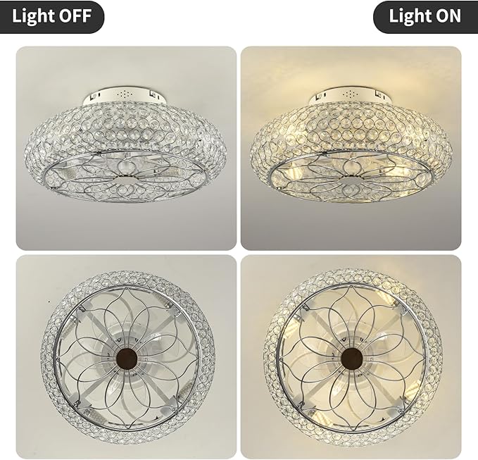 Caged Crystal Ceiling Fans with Lights and Remote,20" Flush Mount Low Profile Ceiling Fan with Light,6 Speed Enclosed Ceiling Fan with Reversible Motor for Bedroom Kitchen Living Room