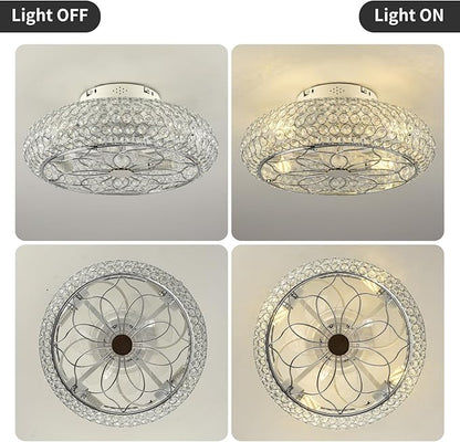Caged Crystal Ceiling Fans with Lights and Remote,20" Flush Mount Low Profile Ceiling Fan with Light,6 Speed Enclosed Ceiling Fan with Reversible Motor for Bedroom Kitchen Living Room