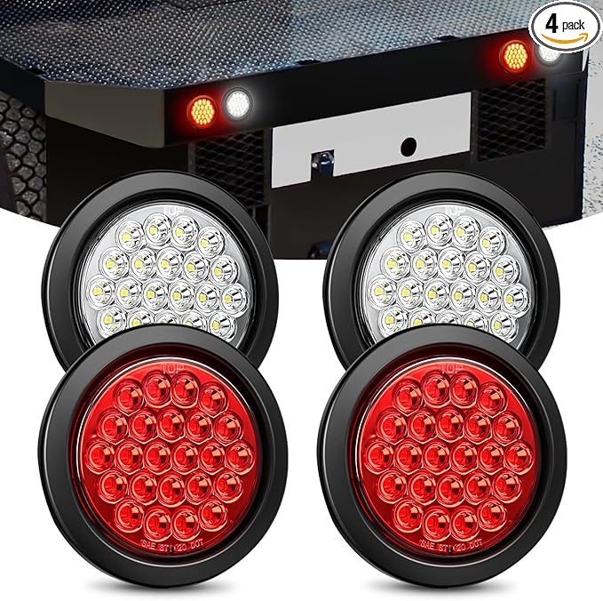 Nilight 4Inch Round Trailer Tail Light 4PCS White Red Brake Turn Signal Reverse Lights w/Flush Mount Grommets Plugs IP67 Waterproof for 12V Truck Bus RV Camper ATV UTV