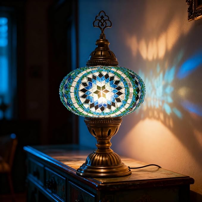 Turkish Mosaic Table Lamp with Bulb – Light Green Handmade Stained Glass Bedside Light, Authentic Turkish Boho Vintage Home Decor with E12 Socket