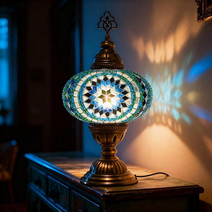 Turkish Mosaic Table Lamp with Bulb – Light Green Handmade Stained Glass Bedside Light, Authentic Turkish Boho Vintage Home Decor with E12 Socket