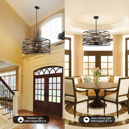 Sigaitwei 6-Light Dining Room Chandeliers Farmhouse，23.6" Large Black Farmhouse Chandelier，Wood Grain and Vintage Black Dining Room Light Fixture for Kitchen Entryway Living Room