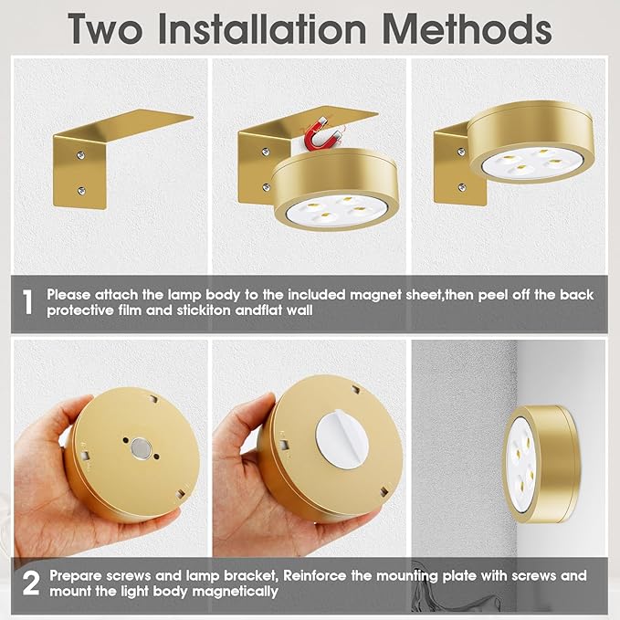 Picture Lights for Wall, 3 Lighting Modes Magnetic Art Display Light,Battery Operated Led Painting Light with Remote Control Dimmable & Timer,6Pack Gold