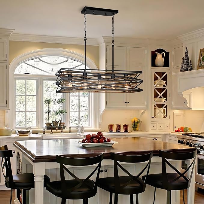 Sigaitwei 33.5''Farmhouse Dining Room Light Fixture,5-Light Kitchen Island Lighting,Industrial Chandelier for Dining Room Over Table Kitchen,Large Linear Chandelier with Retro Wood Texture Interior