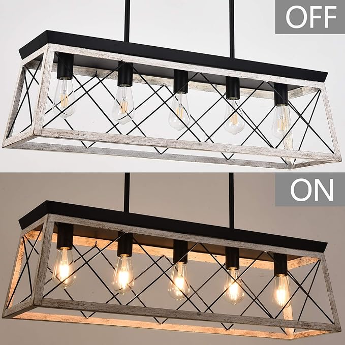 Luupyia 37.8Inches Farmhouse Rectangular Chandelier Rustic, 5-Lights Kitchen Island Lighting, Linear Island Light Fixture Farmhouse Pendant Lighting Fixtures for Dining Room Pool Table Beige, E26