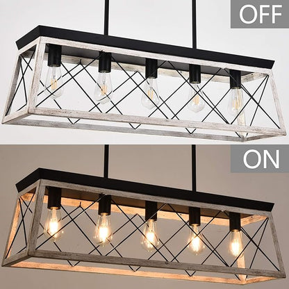 Luupyia 37.8Inches Farmhouse Rectangular Chandelier Rustic, 5-Lights Kitchen Island Lighting, Linear Island Light Fixture Farmhouse Pendant Lighting Fixtures for Dining Room Pool Table Beige, E26