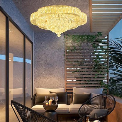 24in Gold Crystal Chandeliers for Living Room Dining Room Crystal Ceiling Light Fixtures Modern LED Flush Mount Light Dimmable 2700k-6000k