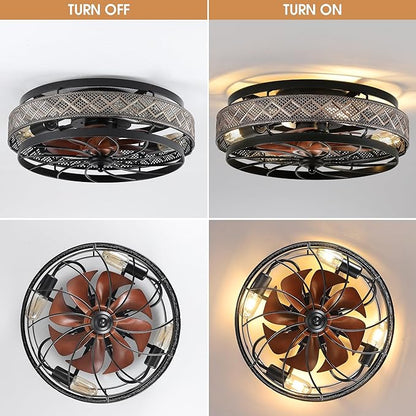 SHIHOT 18" Low Profile Caged Ceiling Fans with Lights and Remote, Flush Mount Ceiling Fan with Light, Bedroom Fan, Small Industrial Black Ceiling Light Fixture, Reversible(Bulbs Not Included)