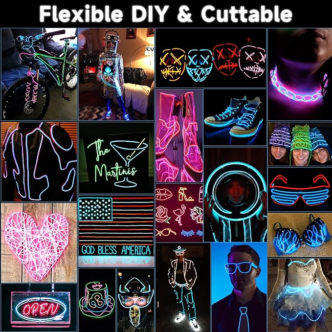EL Wire 5in1 Portable Neon Rope Lights Strip Wearable Battery Pack Body Lights-360°Illumination Super Bright Cuttable DIY Halloween Christmas Festival Party Game Room Cosplay Costume(Ice Blue 1M)