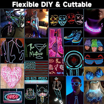 EL Wire 5 Pack-9.8ft Portable Neon Rope Lights Strip-Wearable Battery Pack Body Lights-360°Illumination-Super Bright-Cuttable-DIY Halloween Christmas Party Bar Cosplay Costume
