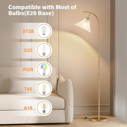 SIBRILLE Gold Floor Lamp with Remote, Dimmable Glass Arc Standing Lamp, Ribbed Frosted Glass Shade, 3 Color Temperatures, Foot Switch, 9W LED Bulb for Living Room Bedroom Office
