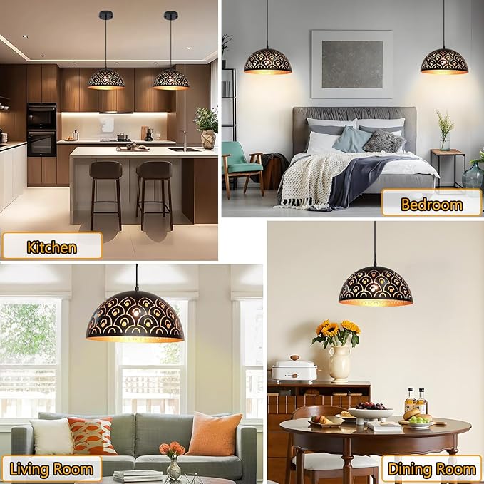 Pendant Lights Kitchen Island Farmhouse Set of 2, Black And Gold Hanging Lamp Retro, Adjustable Height, 11.8 in Hollow Lampshade, E26 Vintage Chandeliers for Dining Room, Bedroom, Hallway, Entryway