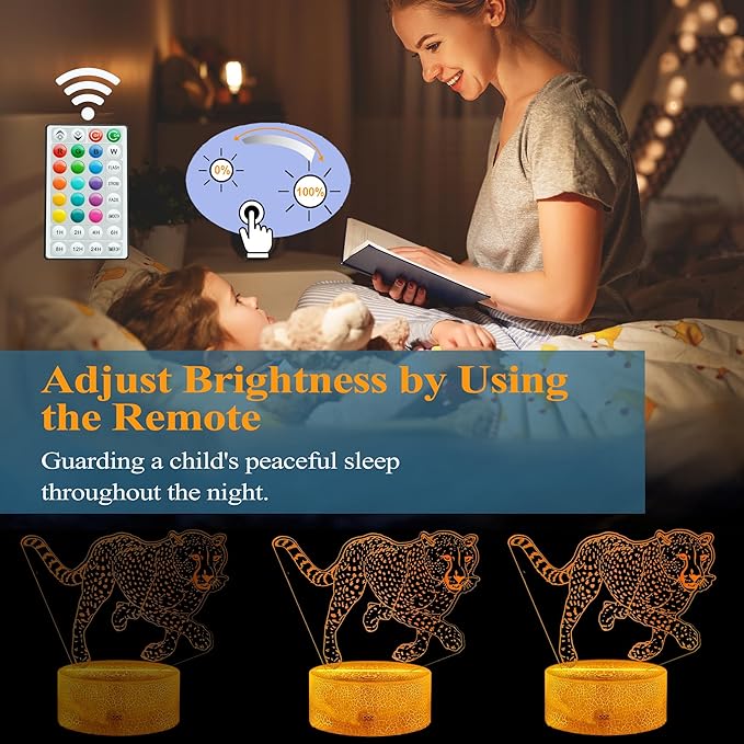 Cheetah Night Light, 3D Illusion Lamp with 16 Color Changing Modes, Remote Control Timer and Dimmable, Kids Boys Girls Room Decoration, Holiday Xmas Gifts