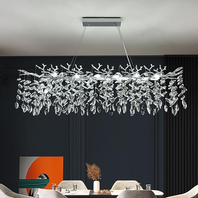 Modern Rectangle Crystal Tree Branch Chandelier, L47.3'' Large Silver Linear Raindrop Indoor Hanging Pendant Light Fixture for Kitchen Island Foyer Living Room Dining Room 14 Lights