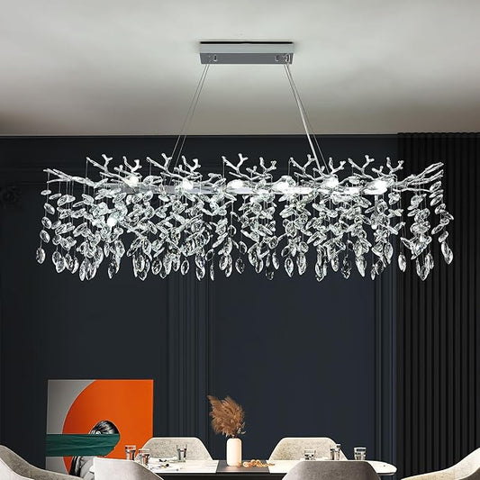 Modern Rectangle Crystal Tree Branch Chandelier, L47.3'' Large Silver Linear Raindrop Indoor Hanging Pendant Light Fixture for Kitchen Island Foyer Living Room Dining Room 14 Lights