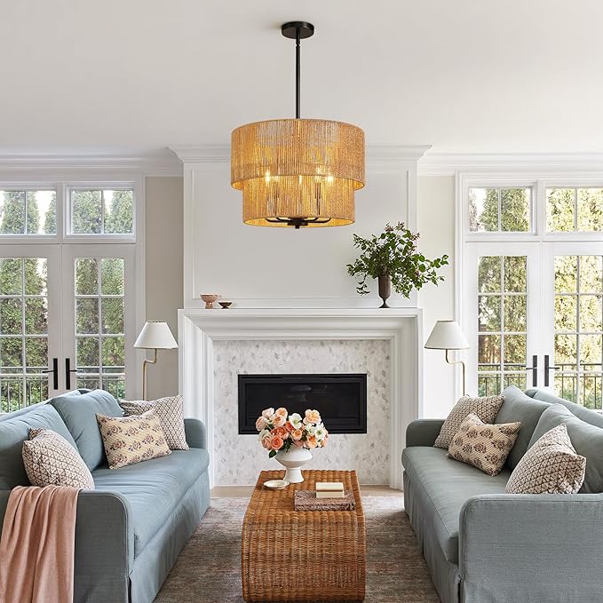 RUIYEY Rattan Chandelier Light Fixtures: 18 inch Boho Large Pendant Lights with Wicker Lampshade, E12 5 Light Height Adjustable Hand Woven Hanging Black Chandeliers for Dining Room Kitchen Living Room