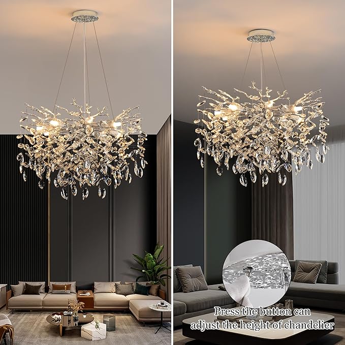 Modern Crystal Tree Branch Chandelier, D23.7'' Round Silver Raindrop Indoor Hanging Ceiling Lighting Fixture for Dining Room Living Room Bedroom Foyer 8 Lights