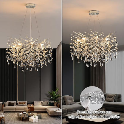 Modern Crystal Tree Branch Chandelier, D23.7'' Round Silver Raindrop Indoor Hanging Ceiling Lighting Fixture for Dining Room Living Room Bedroom Foyer 8 Lights