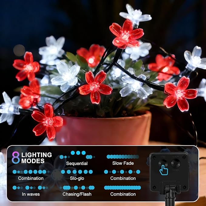 2 Pack Total 52FT 120 LED Solar String Lights Outdoor Waterproof Flower Fairy Lights for Garden Fence Patio Yard Christmas Tree Lawn Wedding Party Decor, Red and Pure White