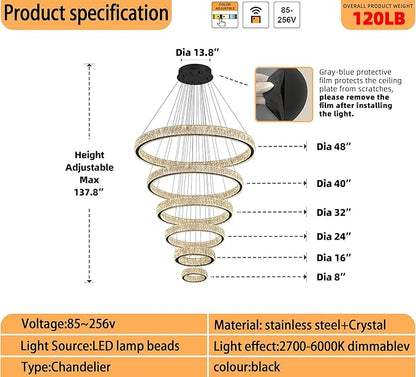 Extra Large 6 Ring Crystal Chandelier Modern LED Long Crystal Chandelier for High Ceiling Height Adjustable Black D8+15.7"+23.6"+31.5"+39.4"+47.5" Dimmable 2700K-6000K