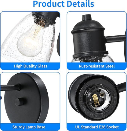 Black Wall Sconce Set ot Two, Hardwired Wall Lights for Bedroom, Modern Indoor Wall Light Fixtures with Seeded Glass for Bathroom Beside Mirror Living Room Hallway Kitchen
