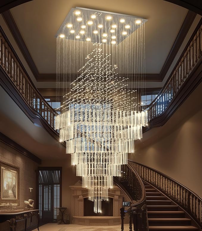 HAIXIANG W47 x H120 Luxury Crystal Chandelier with LED Bulbs Glam Raindrop High Ceiling Square Light Chandeliers for Entrance Large Villa Foyer Living Room Lighting Fixtures Silver
