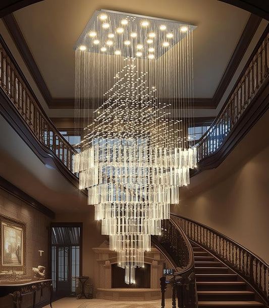 HAIXIANG W47 x H120 Luxury Crystal Chandelier with LED Bulbs Glam Raindrop High Ceiling Square Light Chandeliers for Entrance Large Villa Foyer Living Room Lighting Fixtures Silver