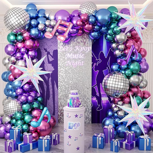JOGAMS 180Pcs K-Pop Music Balloon Arch Kit, Metallic Disco Balloon Garland with Music Note Iridescent Star Foil Balloons for K-Pop Music Fans Themed Birthday Concert-Style Stage Backdrop Party Decor