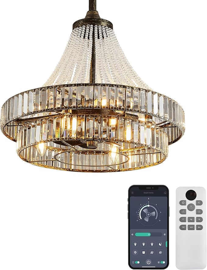 24“ Retro Crystal Chandelier Ceiling Fan with Lights, Remote & App Control, 6-Speed Reversible Large Fandelier, Double Layer Design for Bedroom, Living Room (Black Gold)