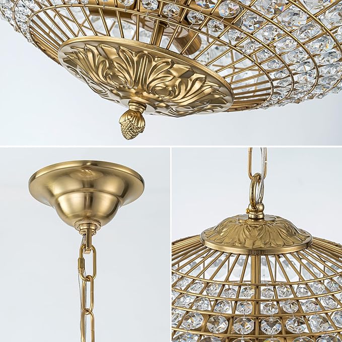 Crystal Chandelier, 18" Vintage Dining Room Light Fixture Farmhouse Large Foyer Chandeliers for High Ceilings Living Room Staircase Antique Brass