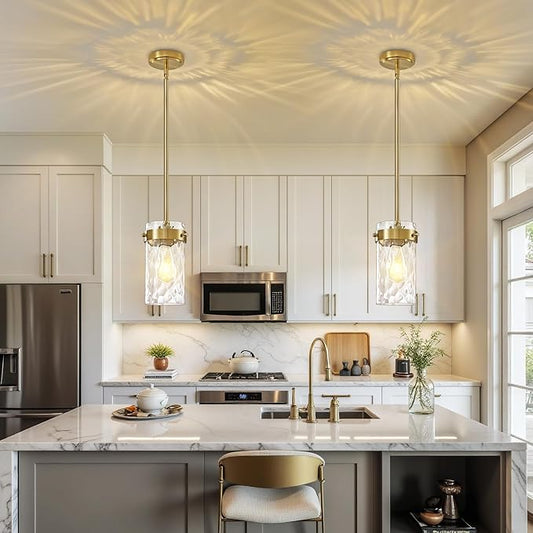 Hammered Glass Pendant Lighting for Kitchen Island 2 Pack, Modern Brushed Gold Pendant Light Fixtures 4.72", Adjustable Ceiling Pendant Light for Kitchen Island Dining Room Hallway