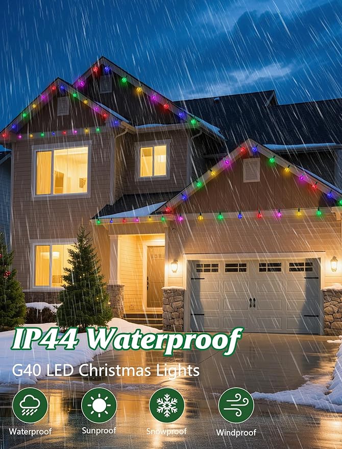 SUNSGNE G40 LED Vintage Christmas Lights, 50FT Christmas Globe String Lights with 27 LED Frosted Multicolor Bulbs(2 Spare) for Patio Backyard Roofline Decorations