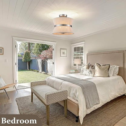 Brushed Nickel Semi Flush Mount Ceiling Light Fixture 12.6” Modern Drum Bedroom Ceiling Lighting 3-Light Beige Close to Ceiling Lamp for Kitchen Living Dining Room Hallway Bathroom Entryway Foyer