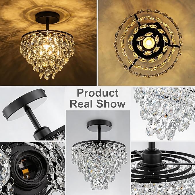 Mini Crystal Chandelier Small Modern Crystal Flush Mount Ceiling Light for Hallway Closet, E26 Base, K9 Crystal (Black-Ceiling)