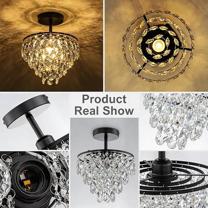 Mini Crystal Chandelier Small Modern Crystal Flush Mount Ceiling Light for Hallway Closet, E26 Base, K9 Crystal (Black-Ceiling)