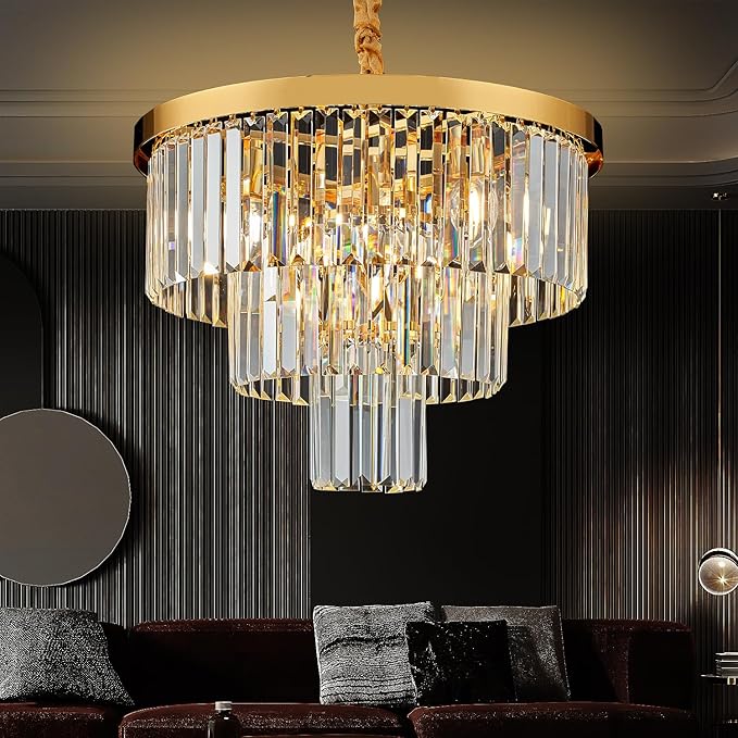 Gold Crystal Chandelier 20" Modern Chandelier 3 Tiers 6 Lights Pendant Lighting Crystal Ceiling Light Round Chandelier for Dining Room Kitchen Island Living Room Entryway Bedroom Office