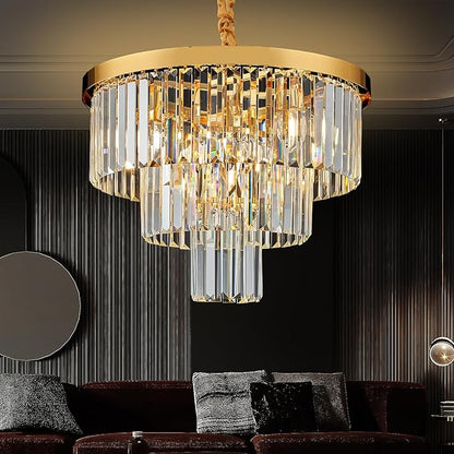 Gold Crystal Chandelier 20" Modern Chandelier 3 Tiers 6 Lights Pendant Lighting Crystal Ceiling Light Round Chandelier for Dining Room Kitchen Island Living Room Entryway Bedroom Office