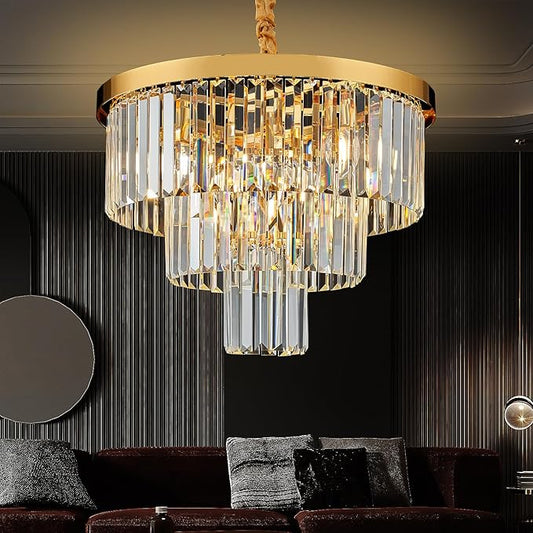 Gold Crystal Chandelier 20" Modern Chandelier 3 Tiers 6 Lights Pendant Lighting Crystal Ceiling Light Round Chandelier for Dining Room Kitchen Island Living Room Entryway Bedroom Office
