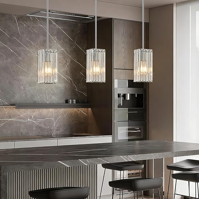 Modern Crystal Pendant Lights Kitchen Island, 1-Light Chrome Hanging Light with Clear Crystal Shade, Adjustable Height Pendant Lighting for Kitchen Island Dining Room Bedroom Bar Entryway