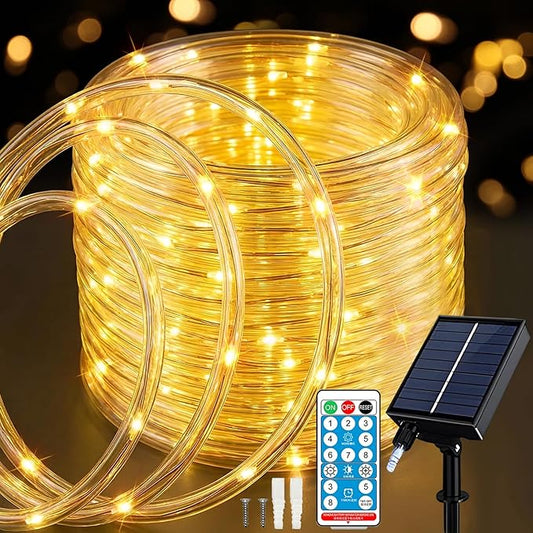 ANJAYLIA 66FT 200 LED Solar Rope Lights Outdoor Waterproof, Solar Powered Rope String Light with 8 Mode & Timer Remote, for Outdoor, Patio, Garden, Camping, Holiday & Christmas Décor Warm White